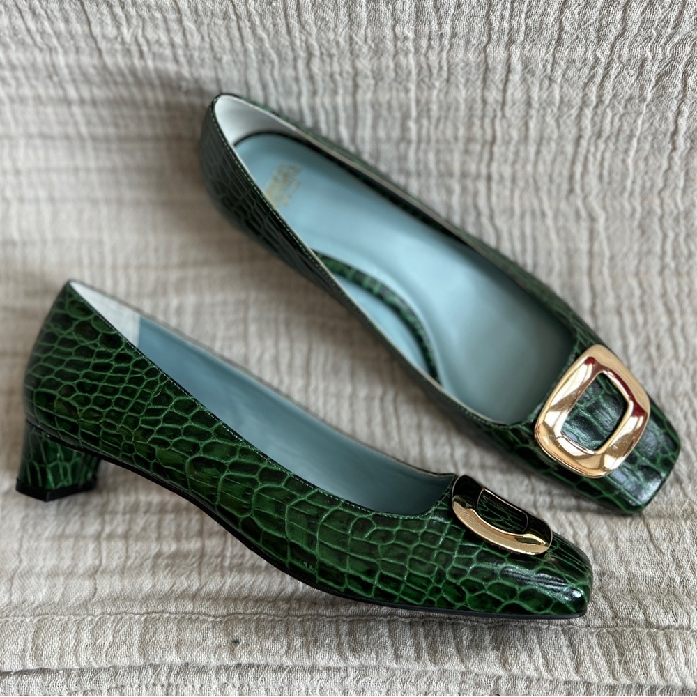 NEW Frances Valentine Womens Mary Croc Embossed Mini Block Heel Shoes Dark Green